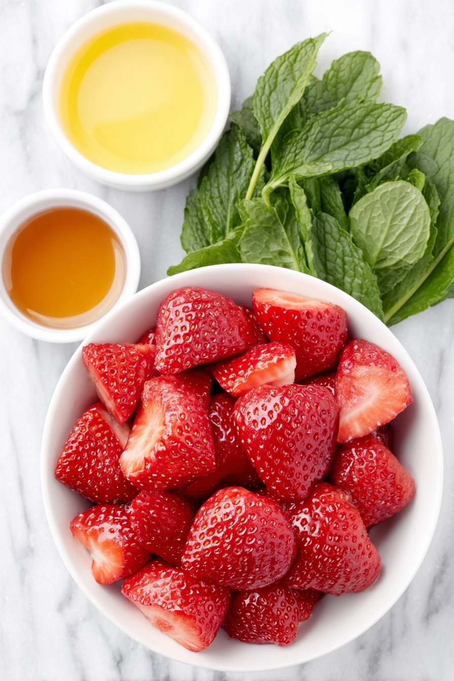 Strawberry Mint Fruit Salad, healthy fruit salad, easy fruit salad recipe, refreshing summer salad, quick fruit salad ideas - Flat lay of fresh whole strawberries with green leafy tops removed and cut into bite-sized pieces in a simple white ceramic bowl, a small white bowl of bright yellow lemon juice, fresh whole mint leaves arranged neatly on the side, a small white bowl containing golden maple syrup, all ingredients fresh and natural, perfectly balanced and symmetrical composition, placed on a clean white marble surface, soft natural light, photo taken with an iPhone, professional food photography style, fresh ingredients, white ceramic bowls, no bottles, no duplicates, no utensils, no packaging --ar 2:3 --v 7 --p m7354615311229779997