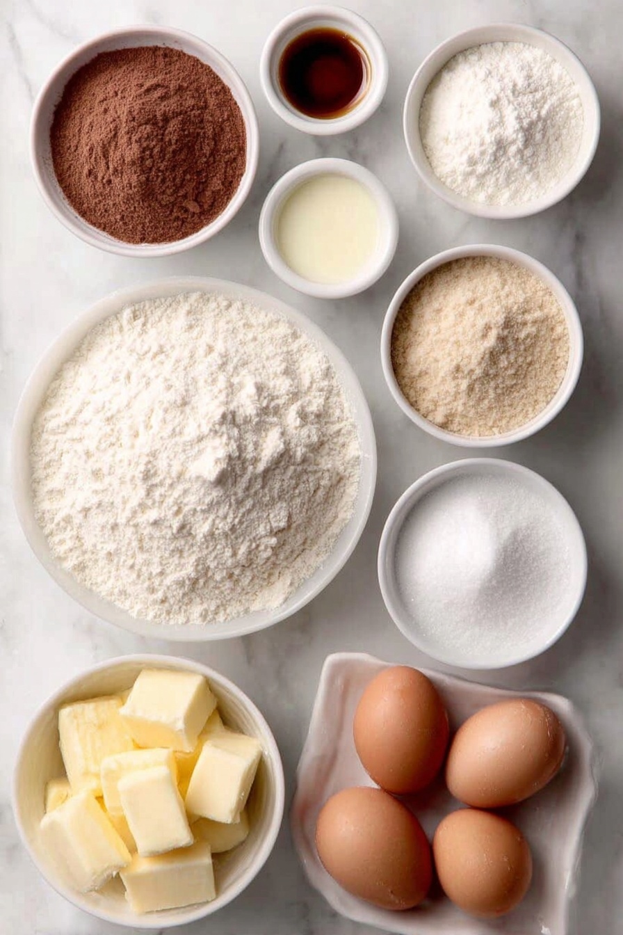 Coffee Cake Cookies with Streusel, coffee cake cookies, cinnamon streusel cookies, buttery coffee cake cookies, easy streusel cookie recipe - Flat lay of a small mound of all purpose flour, a small mound of cake flour, a small white ceramic bowl of cinnamon powder, a small white ceramic bowl of cornstarch, a small white ceramic bowl of baking soda, a small white ceramic bowl of baking powder, a small white ceramic bowl of salt, a small white ceramic bowl of packed brown sugar, a small white ceramic bowl of granulated sugar, a few cubes of cold unsalted butter, a few tablespoons of softened unsalted butter, two whole uncracked brown eggs with clean shells, a small white ceramic bowl of vanilla extract, a small white ceramic bowl of melted unsalted butter, a small white ceramic bowl of heavy cream, a small white ceramic bowl of sifted powdered sugar placed on a clean white marble surface, soft natural light, photo taken with an iPhone, professional food photography style, fresh ingredients, white ceramic bowls, no bottles, no duplicates, no utensils, no packaging --ar 2:3 --v 7 --p m7354615311229779997