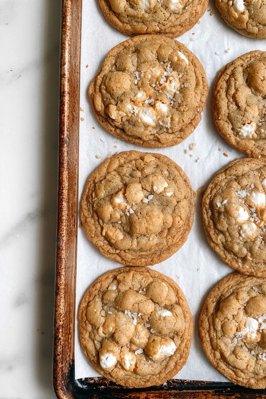 Costco Copycat Marshmallow Rice Krispie Cookies, Rice Krispie Cookie Recipe, Marshmallow Cookies Homemade, Easy Marshmallow Rice Krispie Cookies, Soft and Crispy Rice Krispie Cookies - The image shows a close-up of eight round cookies laid out on a baking sheet lined with white parchment paper. Each cookie is a golden brown color with a slightly darker edge, and the surface has a mix of soft, bumpy textures with small cracks and visible oat pieces. Some white spots of melted marshmallow peek through the cookies, giving them a soft and chewy appearance. There is also a visible sprinkle of coarse salt flakes on top of each cookie, adding a subtle sparkle. The baking sheet has a dark brown edge and is placed on a white marbled surface. photo taken with an iphone --ar 2:3 --v 7