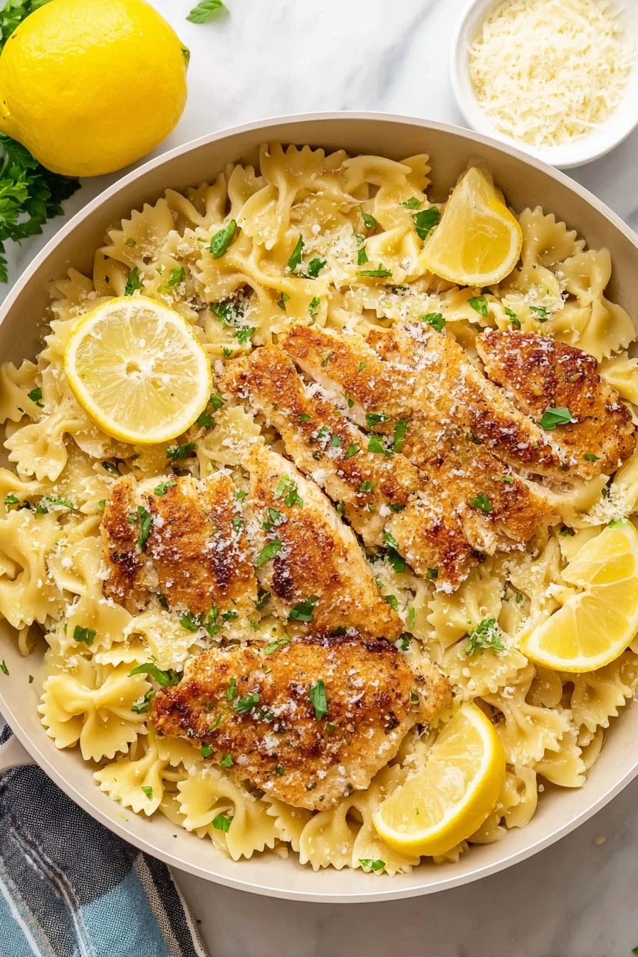 Lemon Chicken Pasta, lemon chicken pasta recipe, easy lemon chicken pasta, quick pasta with lemon and chicken, flavorful lemon chicken dinner - A round white pan filled with three golden brown cooked fillets placed on a bed of light yellow farfalle pasta. The pasta has a soft texture and is mixed with small green parsley leaves sprinkled evenly throughout. Around the fillets and pasta, there are quartered lemon wedges adding bright yellow pops of color. The dish is lightly dusted with finely grated parmesan, giving a speckled white texture on top. The pan sits on a white marbled surface, with a whole lemon and a white bowl with grated cheese partially visible in the background. photo taken with an iphone --ar 2:3 --v 7
