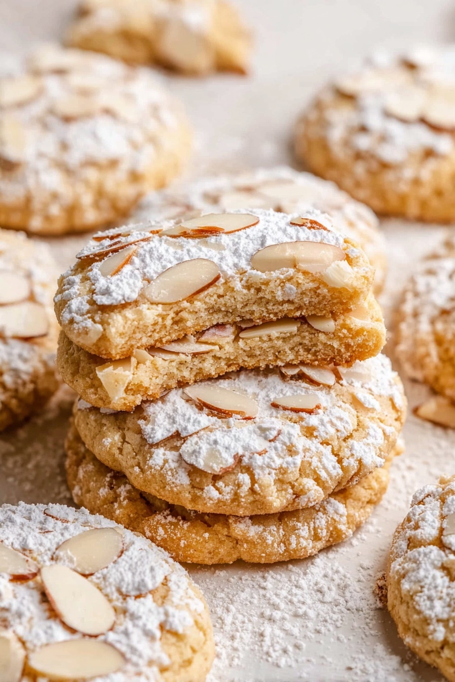 Almond Cookies with Frangipane, almond cookie recipes, frangipane-filled cookies, nutty dessert recipes, elegant almond treats - The image shows several round, light brown cookies spread on a white marbled surface. Each cookie is topped with thin, pale almond slices and a light dusting of white powdered sugar, giving them a soft, grainy texture on top. In the center, one cookie has a small bite taken out, revealing a slightly crumbly inside with the same light brown color. In the background, a small white bowl holds more almond slices, slightly blurred. The whole scene has warm lighting that makes the cookies look fresh and inviting. photo taken with an iphone --ar 2:3 --v 7