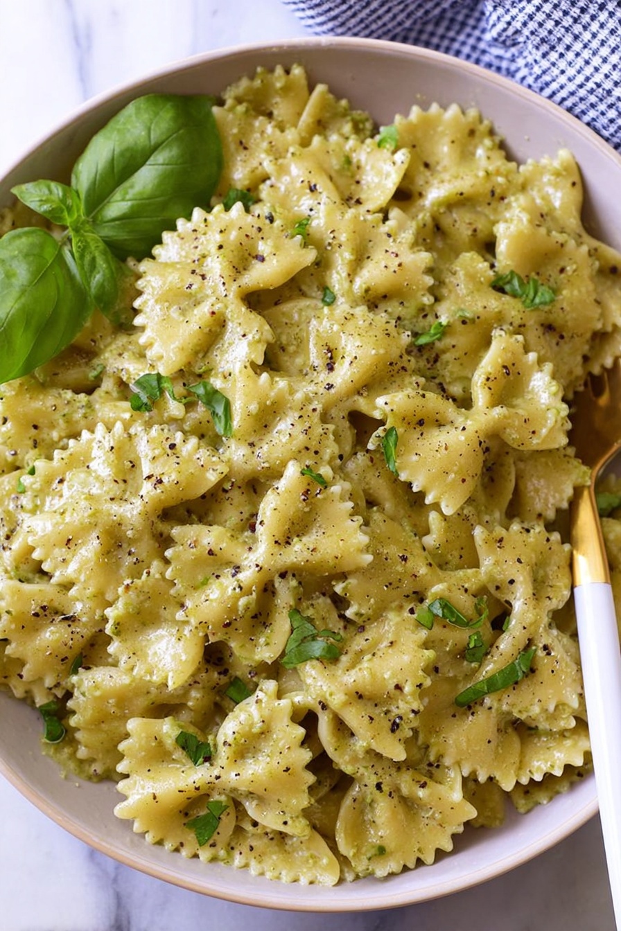 Pesto Cream Sauce for Pasta, basil pesto pasta sauce, creamy pesto pasta, easy pesto sauce recipe, homemade basil pasta sauce - A large white bowl is filled with bow-tie shaped pasta coated in a thick, creamy greenish-yellow sauce with visible black pepper specks all over. Fresh green basil leaves rest on the top left side of the pasta, adding a touch of bright color. A white spoon with a gold tip is placed on the right side of the bowl, sticking into the pasta. The bowl sits on a white marbled surface with a blurred blue and white checkered cloth in the background. photo taken with an iphone --ar 2:3 --v 7