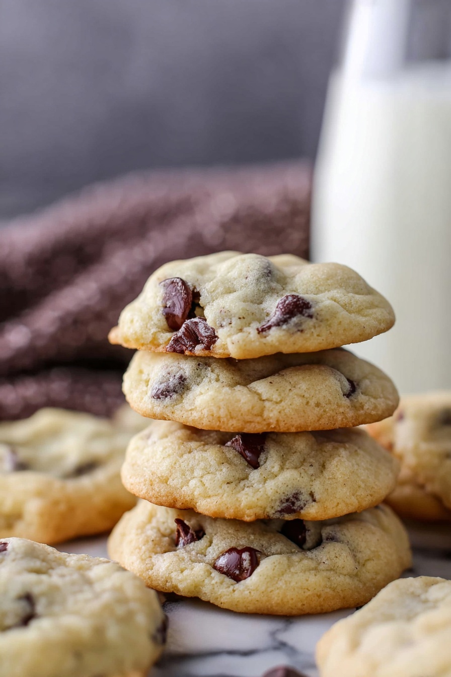 Yogurt Chocolate Chip Cookies, Greek yogurt cookie recipes, soft chewy chocolate chip cookies, homemade yogurt cookies, easy chocolate chip cookie recipe - The image shows a close-up of soft, thick cookies stacked on a white marbled surface. The cookies have a light golden-brown color with visible dark chocolate chips scattered throughout each piece. The top cookie is slightly raised, revealing a fluffy, chewy texture with small cracks and bumps. In the background, there is a clear glass filled with milk, and a dark textured cloth adds contrast behind it. The scene has a warm and cozy feel, highlighting the rich chocolate chips and the soft cookie dough photo taken with an iphone --ar 2:3 --v 7