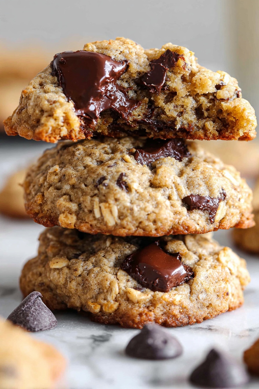 Chewy Banana Oatmeal Cookies, banana oatmeal cookie recipe, healthy banana cookies, soft chewy oatmeal cookies, easy banana cookies recipe - The image shows a stack of three thick, soft cookies with a golden-brown color and a slightly bumpy texture from oats scattered throughout. Each cookie is studded with large, melted dark chocolate chunks that shine and contrast against the cookie's rustic surface. The top cookie is broken in half, revealing a soft, moist inside with gooey chocolate. Around the base, a few dark chocolate chips are placed on a white marbled surface, creating a cozy and inviting look. photo taken with an iphone --ar 2:3 --v 7