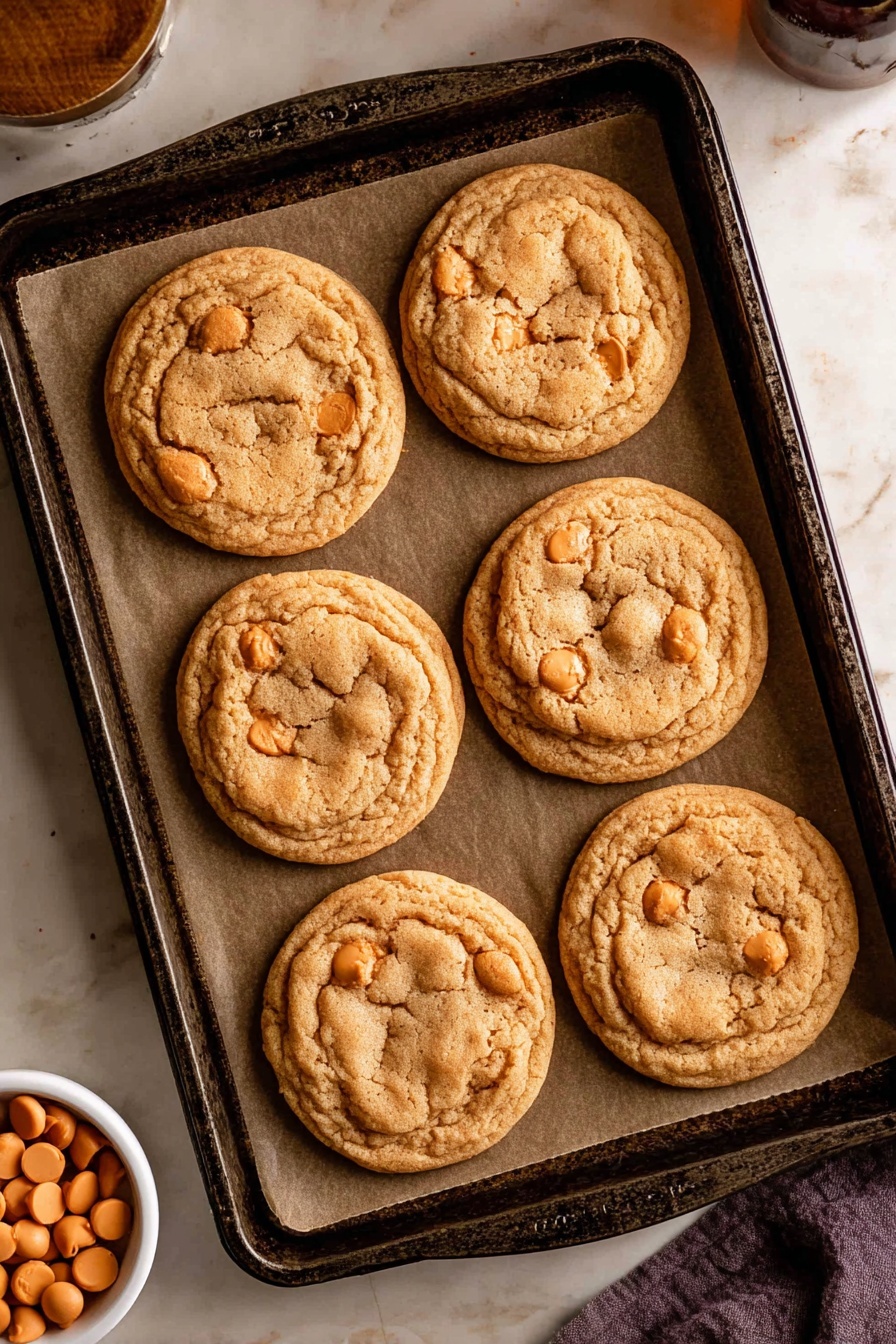 Harry Potter Butterbeer Cookies, magical butterbeer treats, wizarding cookie recipe, butterscotch cookies, Harry Potter themed desserts - A dark metal baking tray lined with brown parchment paper holds six round, golden brown cookies arranged in two columns and three rows. Each cookie has a slightly cracked surface with visible smooth butterscotch chips embedded evenly throughout, giving a mix of light tan and soft orange shades. The tray sits on a white marbled surface with a small white bowl filled with round butterscotch chips to the bottom left. The warm lighting highlights the soft texture of the cookies, making them look fresh and chewy. Photo taken with an iphone --ar 2:3 --v 7