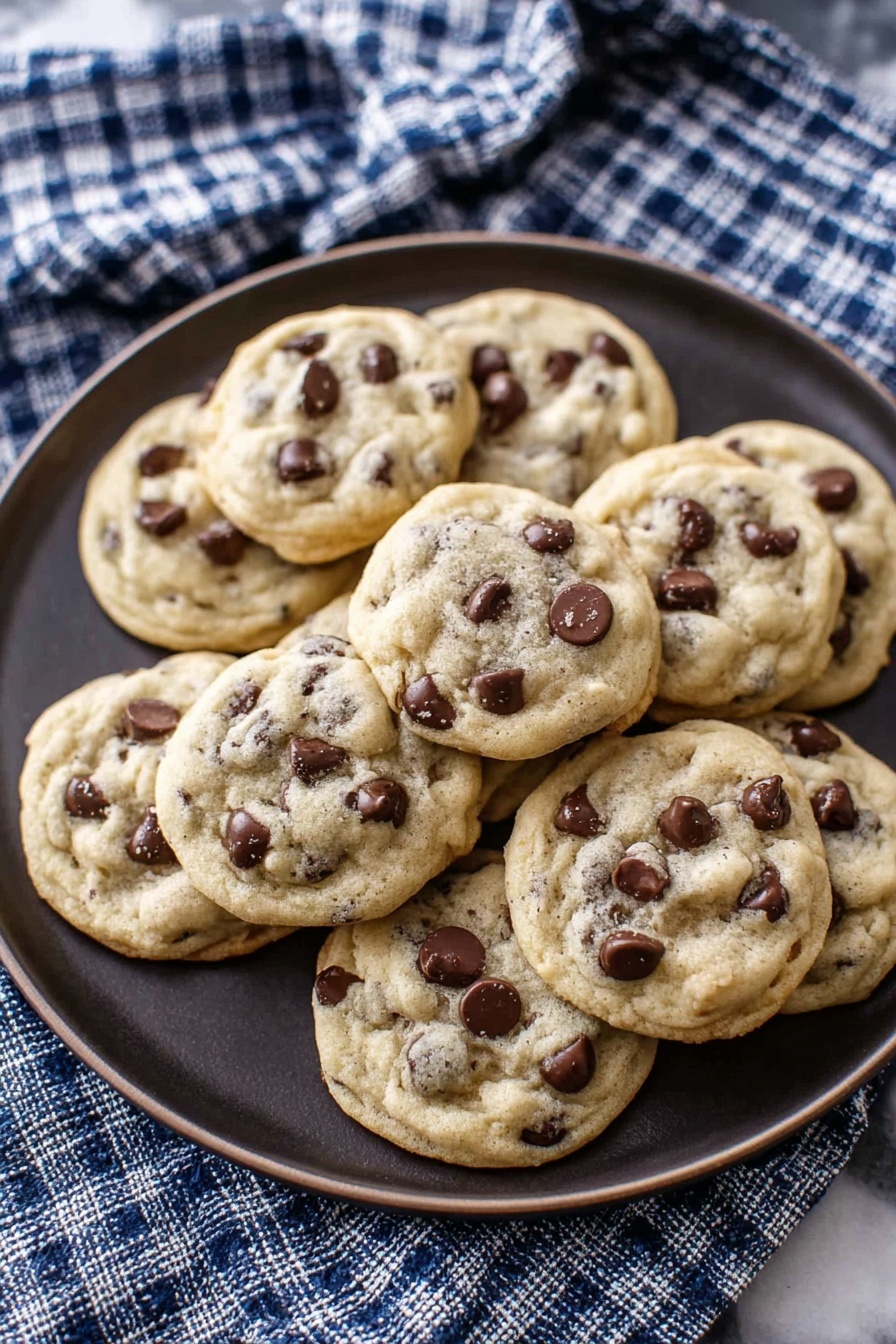 Yogurt Chocolate Chip Cookies, Greek yogurt cookie recipes, soft chewy chocolate chip cookies, homemade yogurt cookies, easy chocolate chip cookie recipe - A dark round plate is filled with a pile of soft, pale golden cookies with many small and large dark brown chocolate chips mixed throughout. The cookies have a slightly bumpy texture and look fresh and soft. The plate is sitting on a white marbled surface, and a blue and white checkered cloth is partly visible in the background. photo taken with an iphone --ar 2:3 --v 7