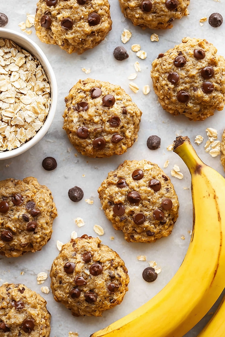 Chewy Banana Oatmeal Cookies, banana oatmeal cookie recipe, healthy banana cookies, soft chewy oatmeal cookies, easy banana cookies recipe - The image shows several round oatmeal cookies with chocolate chips scattered on a white marbled surface. Each cookie is golden brown with a rough textured top sprinkled with dark brown chocolate chips evenly spread. To the left, a white bowl filled with dry oats sits partially in the frame, showing the oats' light beige color and flaky texture. On the right side of the image, two yellow bananas lay side by side, showing their smooth peel surface with a few brown spots. Some loose oats and chocolate chips are scattered around the cookies, adding a natural touch. photo taken with an iphone --ar 2:3 --v 7