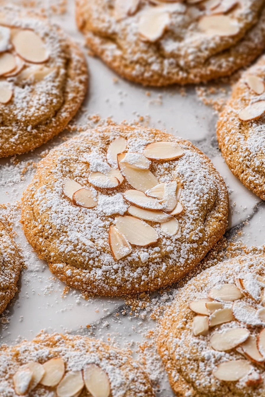 Almond Cookies with Frangipane, almond cookie recipes, frangipane-filled cookies, nutty dessert recipes, elegant almond treats - The image shows several round cookies, light golden brown in color, scattered on a white marbled surface. Most cookies are whole, while three of them are stacked in the center, showing three layers with slightly crumbly texture inside. Each cookie is topped with thin, off-white almond slices and a light dusting of white powdered sugar, giving them a soft, snowy look. The cookies have a slightly rough texture with visible almond pieces and powdered sugar on top and around them. photo taken with an iphone --ar 2:3 --v 7