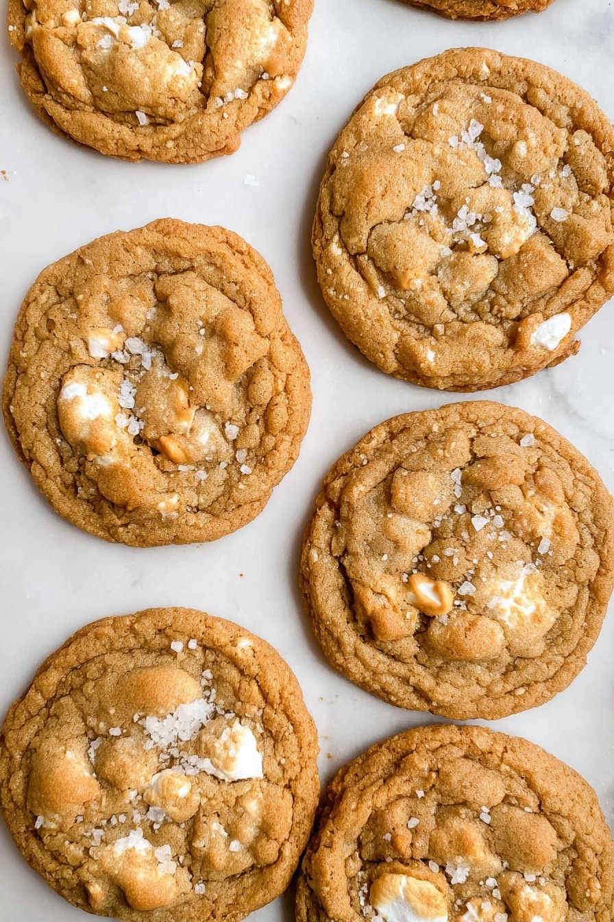 Costco Copycat Marshmallow Rice Krispie Cookies, Rice Krispie Cookie Recipe, Marshmallow Cookies Homemade, Easy Marshmallow Rice Krispie Cookies, Soft and Crispy Rice Krispie Cookies - A broken round cookie with a rough, golden brown outer edge and a softer, chewy center is shown on a white marbled surface. The cookie is split into two pieces pulled apart, revealing stretchy melted white cheese strands connecting the halves. The cookie’s top is sprinkled with coarse salt flakes, adding texture and shine to the warm and inviting baked treat photo taken with an iphone --ar 2:3 --v 7