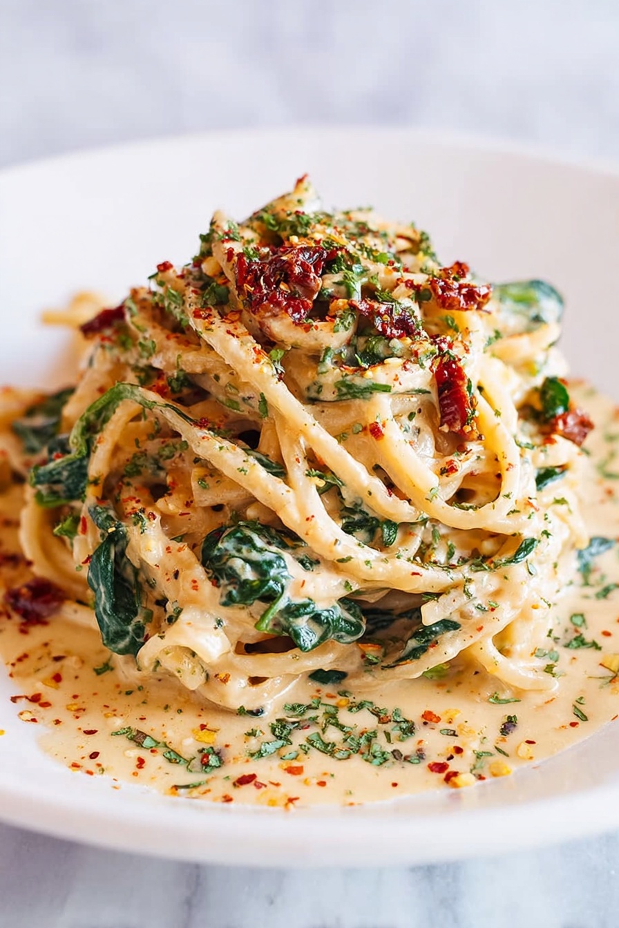Creamy Sun-Dried Tomato Spinach Linguine, Sun-Dried Tomato Pasta with Creamy Sauce, Easy Spinach and Sun-Dried Tomato Pasta, Quick vegetarian pasta recipe, flavorful creamy pasta dish - A large mound of creamy pasta sits in the center of a white plate, covered with thick noodles coated in a light beige sauce. Mixed throughout are dark green spinach leaves and small pieces of reddish-brown sun-dried tomatoes. The pasta is sprinkled with finely chopped herbs and red spices that add specks of green and red on top, giving the dish a textured look. The sauce pools slightly around the base of the pasta, making the edges look shiny and smooth. The white plate rests on a white marbled surface. Photo taken with an iphone --ar 2:3 --v 7