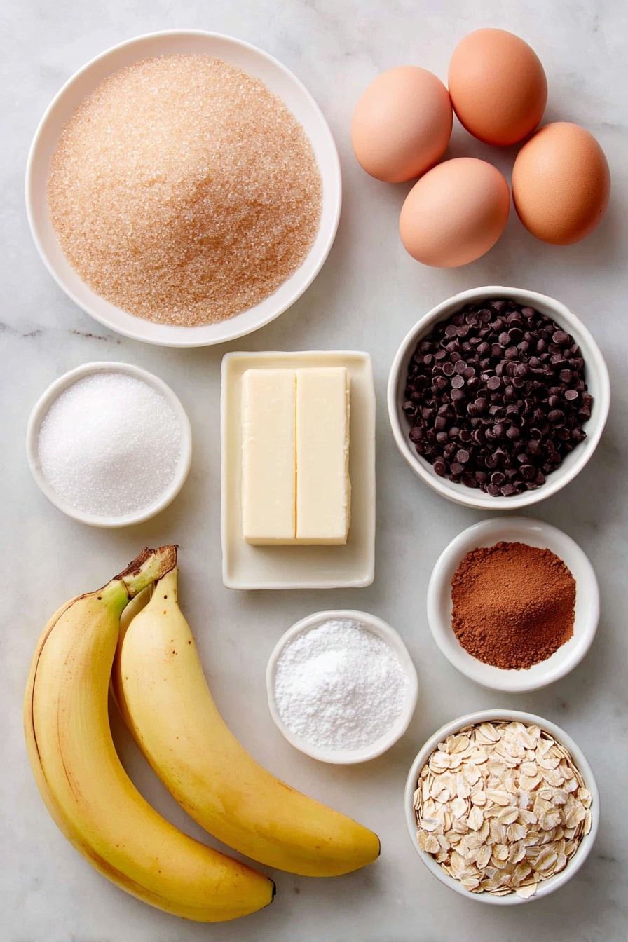 Chewy Banana Oatmeal Cookies, banana oatmeal cookie recipe, healthy banana cookies, soft chewy oatmeal cookies, easy banana cookies recipe - Flat lay of a small stack of golden brown sugar crystals, a small mound of white granulated sugar, two whole uncracked brown eggs, two ripe yellow bananas with a few brown spots, a neatly wrapped stick of unsalted butter, a small white bowl of vanilla extract, a small pile of pale all-purpose flour, a pinch pile of baking soda powder, a tiny heap of fine salt, a small sprinkling of ground cinnamon with warm brown tones, a tiny heap of nutmeg powder, a small mound of old-fashioned rolled oats, and a small white bowl filled with semisweet chocolate chips, all arranged symmetrically on a simple white ceramic plate and bowls, placed on a clean white marble surface, soft natural light, photo taken with an iPhone, professional food photography style, fresh ingredients, white ceramic bowls, no bottles, no duplicates, no utensils, no packaging --ar 2:3 --v 7 --p m7354615311229779997