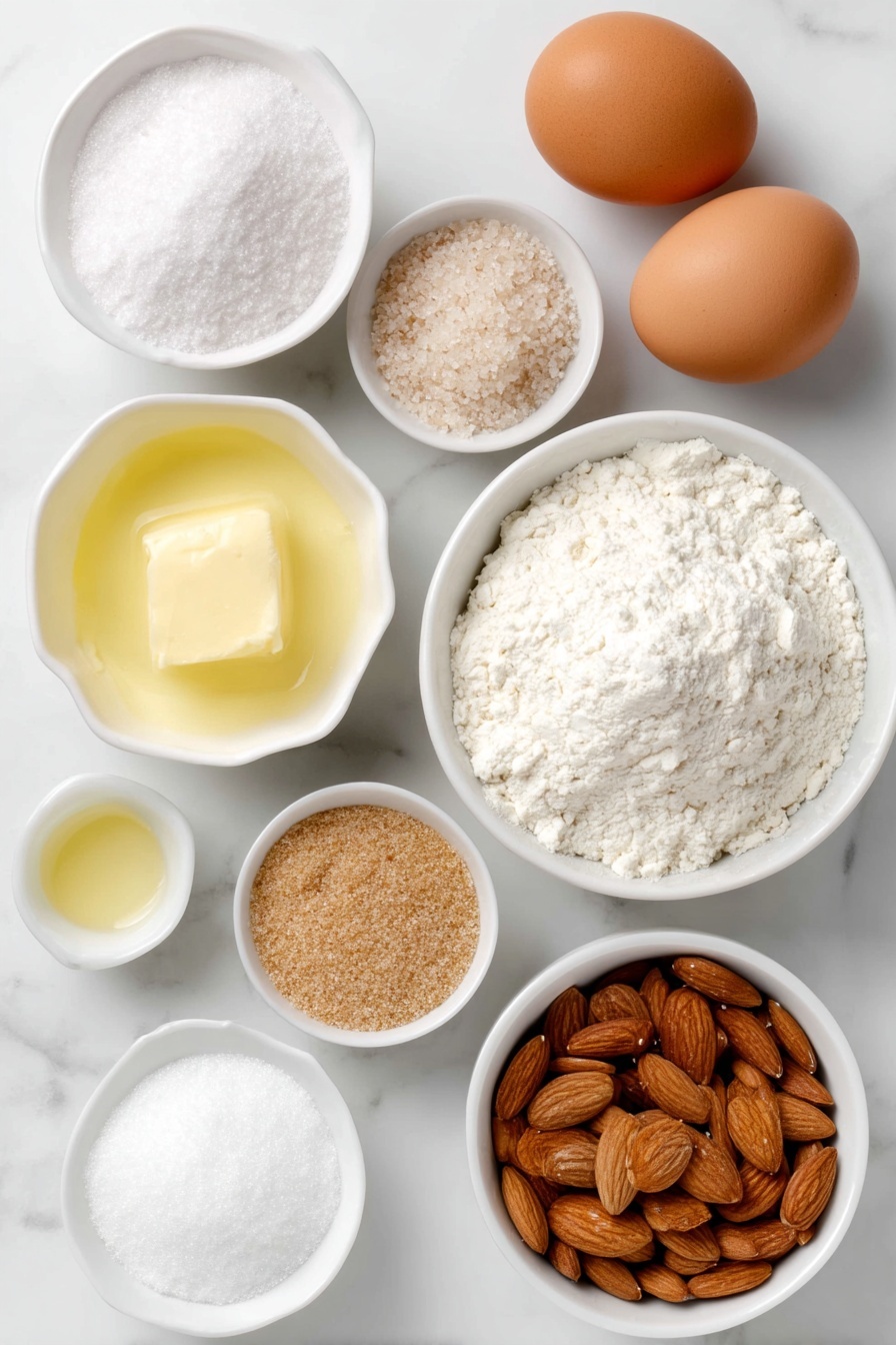 Almond Cookies with Frangipane, almond cookie recipes, frangipane-filled cookies, nutty dessert recipes, elegant almond treats - Flat lay of a small white ceramic bowl of melted unsalted butter, a small white ceramic bowl of granulated white sugar, two whole uncracked brown eggs, a few drops of vanilla and almond extract shown as small white ceramic bowls with light-colored liquid, a small white ceramic bowl of finely ground almonds, a small white ceramic bowl of all-purpose flour, a small pinch of salt displayed as a heap on the white ceramic plate, a small white ceramic bowl of light brown sugar, a small white ceramic bowl of sliced raw almonds, and a small white ceramic bowl of powdered sugar, all arranged with perfect symmetry and balanced proportions, placed on a clean white marble surface, soft natural light, photo taken with an iPhone, professional food photography style, fresh ingredients, white ceramic bowls, no bottles, no duplicates, no utensils, no packaging --ar 2:3 --v 7 --p m7354615311229779997