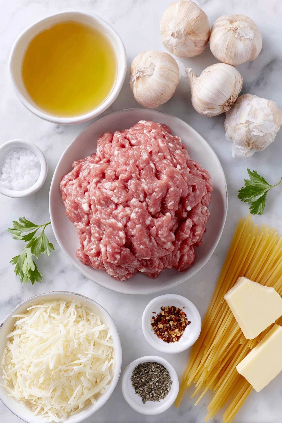 Creamy Beef and Garlic Butter Pasta, easy beef pasta recipe, one-pot creamy pasta, garlic butter pasta dinner, hearty weeknight pasta - Flat lay of a small white ceramic bowl of golden olive oil, a mound of raw ground beef, four whole uncracked brown garlic bulbs, a small white bowl filled with coarse salt, a small white bowl with whole black peppercorns, a small white bowl containing red pepper flakes, a small white bowl of rich beef broth, a small white bowl of fresh whole milk, uncooked penne pasta scattered neatly, a small white bowl of mixed Italian dried herbs, a small white bowl heaped with grated parmesan cheese, two golden butter sticks, and a few sprigs of fresh green parsley placed on a clean white marble surface, soft natural light, photo taken with an iPhone, professional food photography style, fresh ingredients, white ceramic bowls, no bottles, no duplicates, no utensils, no packaging --ar 2:3 --v 7 --p m7354615311229779997