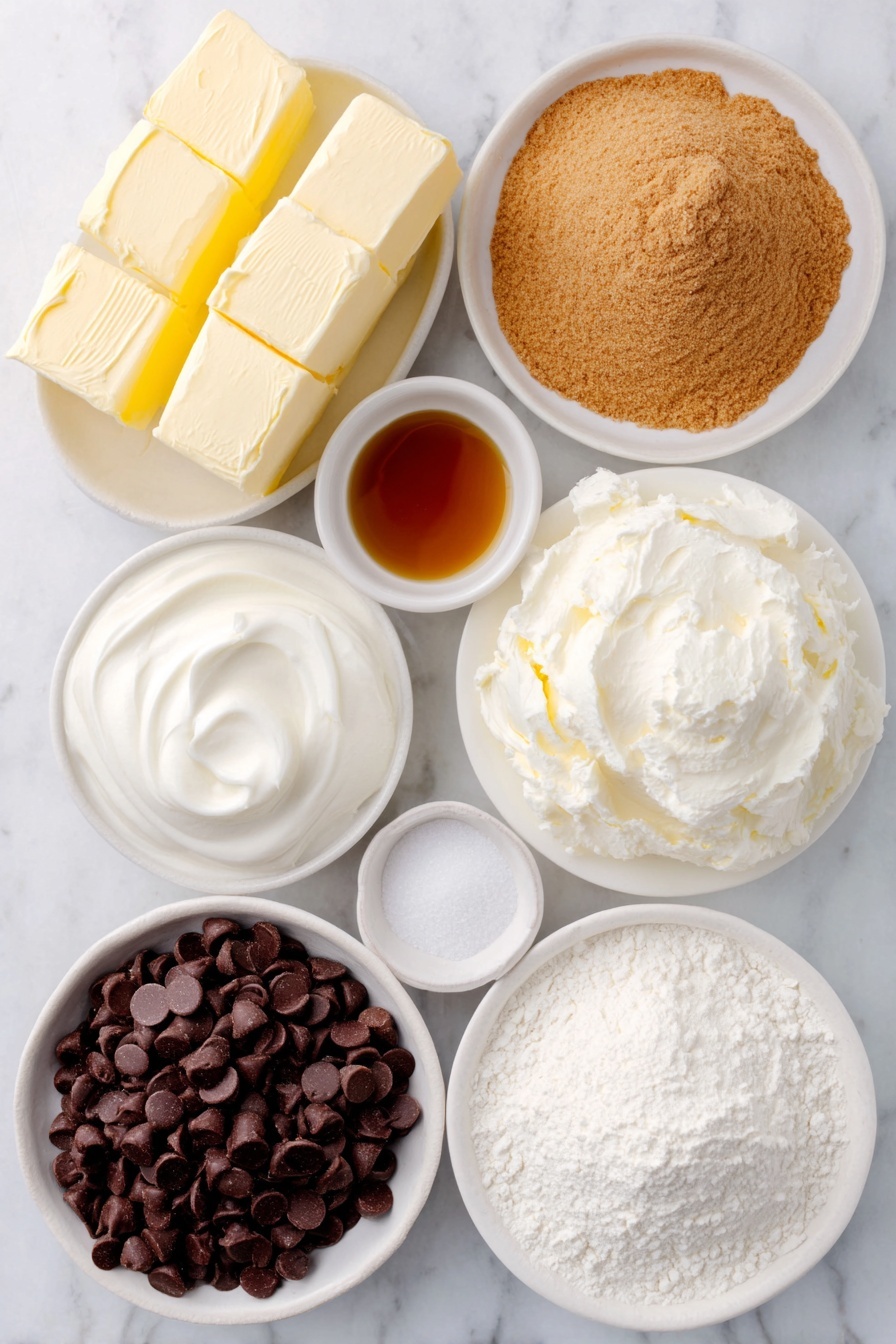 Yogurt Chocolate Chip Cookies, Greek yogurt cookie recipes, soft chewy chocolate chip cookies, homemade yogurt cookies, easy chocolate chip cookie recipe - Flat lay of a small pile of soft unsalted butter, a heap of white granulated sugar, a mound of packed light brown sugar, a dollop of creamy plain Greek yogurt in a small white ceramic bowl, a small white bowl filled with clear vanilla extract, a neat pile of all-purpose flour, a small white bowl containing fine baking soda powder, a pinch of salt in a small white bowl, and a scattering of semi-sweet chocolate chips, all arranged symmetrically on simple white ceramic dishes and bowls, placed on a clean white marble surface, soft natural light, photo taken with an iPhone, professional food photography style, fresh ingredients, white ceramic bowls, no bottles, no duplicates, no utensils, no packaging --ar 2:3 --v 7 --p m7354615311229779997